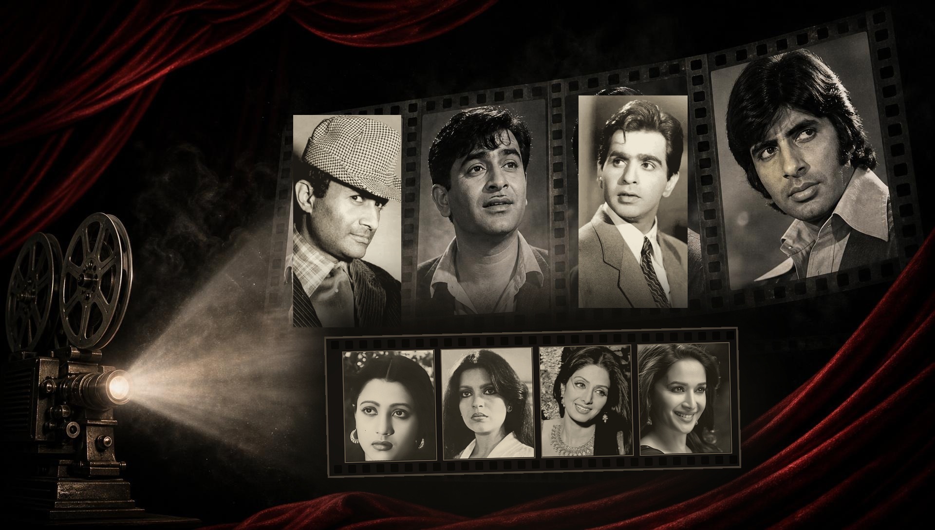 A vintage cinema projector beams across film strips honouring Indian screen legends Dev Anand, Raj Kapoor, Dilip Kumar, Amitabh Bachchan, Suchitra Sen, Zeenat Aman, Sridevi, and Madhuri Dixit